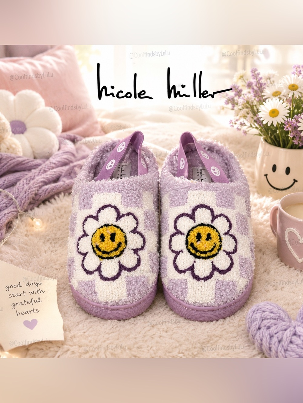 Nicole Miller Kids' Lavender Smiley Daisy Slip-On Slippers & Bracelet Set